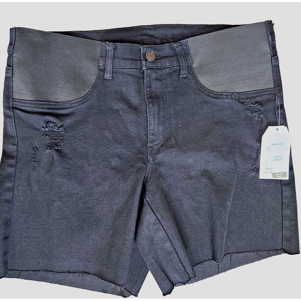 Time & Tru Women's Maternity Bermuda Shorts NEW Large (12-14)  Black Distressed‎